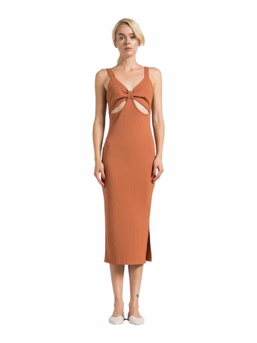 Lena Rust Ribbed Cutout Midi Dress S Bodycon